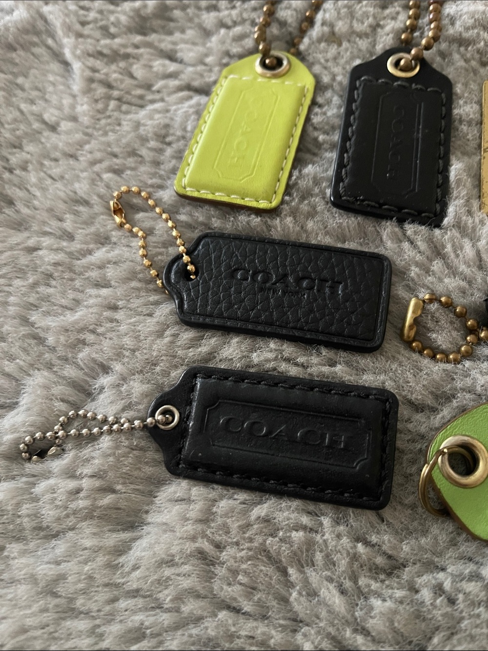 Coach Mini Leather & Metal Hang Tag Set in Neon Yellow, Lime Green, Black & Gold - Picture 2 of 8